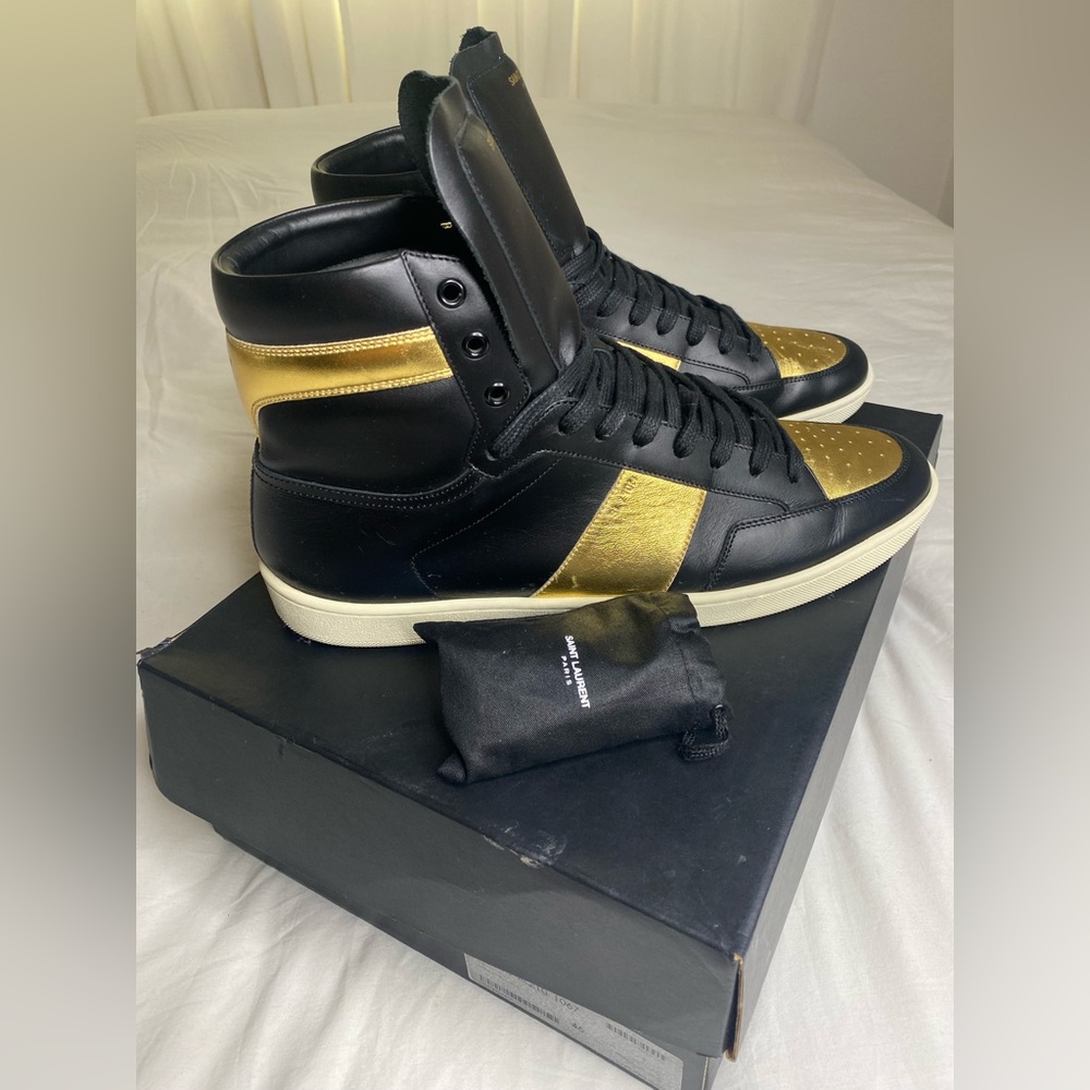 Saint Laurent SL 10h Black Gold High Top Trainer Sneaker Court EU 46 US 13 - Picture 14 of 16